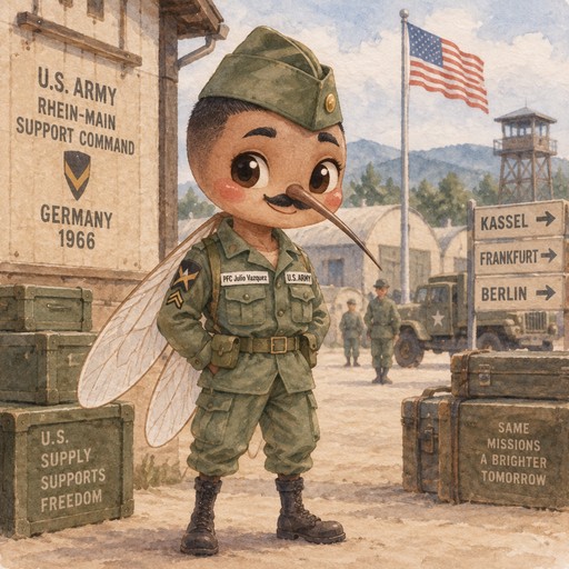 Puerto Rican mosquito with black buzz cut hair, matching army hat, small black mustache, black eye brows in u.s. military uniform at u.s. military base in Germany circa 1966 with name tag that says PFC Julio Vazquez