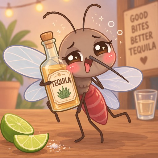 Drunk mosquito with bottle of tequila