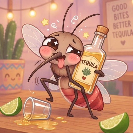 Zany, drunk mosquito with bottle of tequila