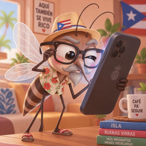 Puerto Rican mosquito with gray mustache and goatee wearing thick eyeglasses and squinting to see screen of oversized cell phone