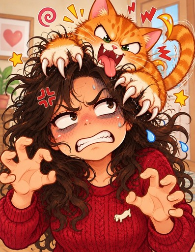 Kawaii illustration of a person reacting as an orange cat pounces on their head.
