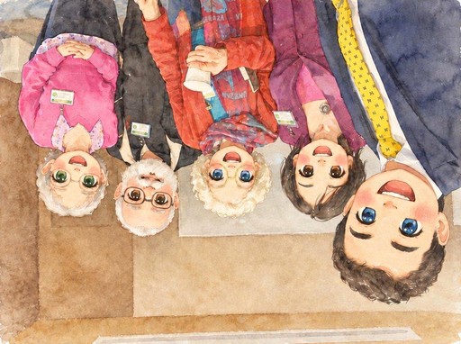 Watercolor illustration of five people wearing colorful winter coats and scarves.