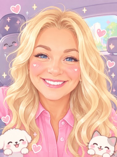 Kawaii portrait of a smiling person with blonde hair, pink shirt, and heart decorations.