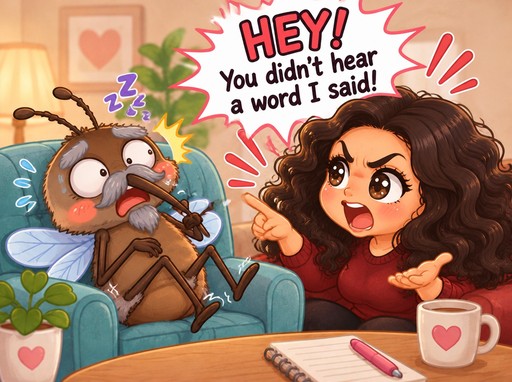 Kawaii cartoon of a surprised person speaking beside a sleeping person in a chair.