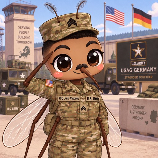 Kawaii cartoon soldier holding a rifle beside military trucks and flags, in desert camouflage.