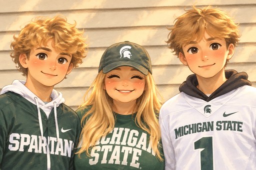 Kawaii-style people in green college hoodies smiling together in warm colors.