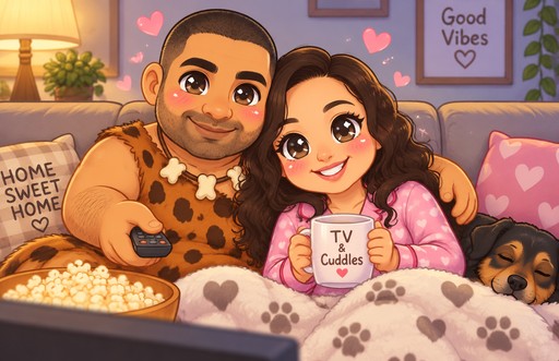 Kawaii illustration of two people watching TV with popcorn and a sleeping dog, in warm pastel colors.