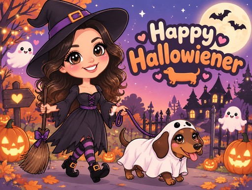 Kawaii Halloween illustration of a witch and dog among pumpkins and bats, in purple and orange.