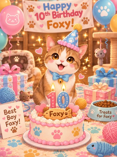 Kawaii birthday fox with cake, balloons, presents, and pastel party decorations