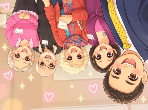 Upside-down kawaii illustration of people in colorful outfits with pink hearts and sparkles