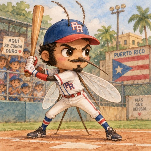 Kawaii baseball player swinging a bat in front of Puerto Rico signs