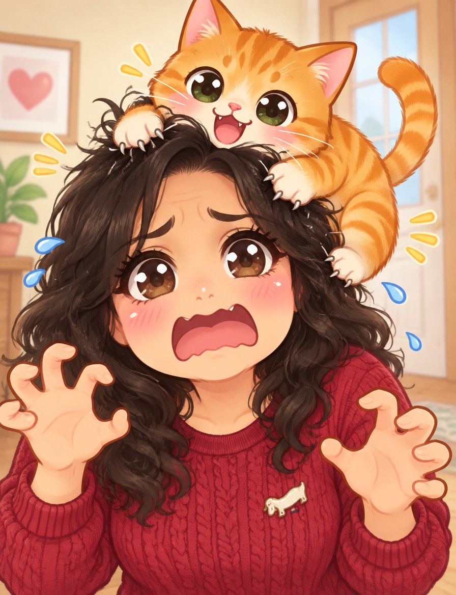 Kawaii illustration of a person with an orange cat perched on their head indoors.