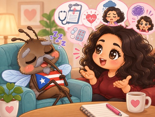 Kawaii illustration of a person offering tea beside a sleeping dog on a couch.