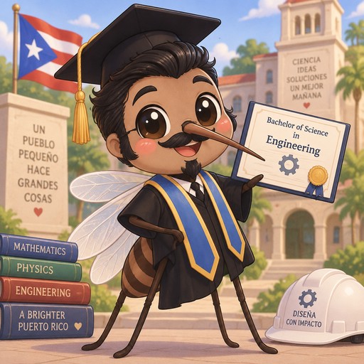 Puerto Rican male mosquito with black hair, side burns, mustache and goatee graduating from college with bachelor of science in engineering.