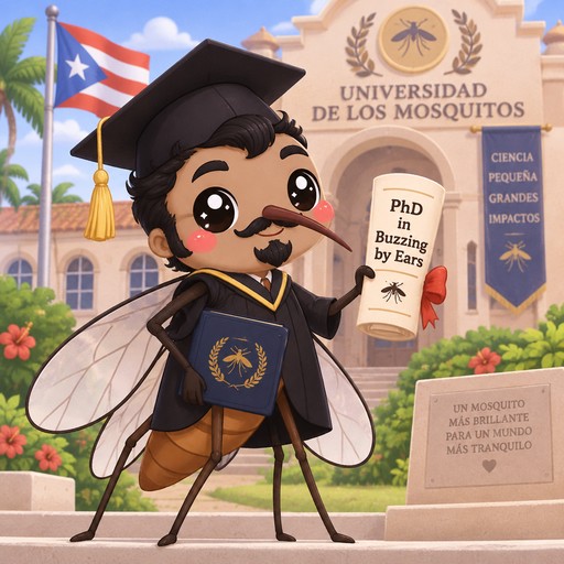 Puerto Rican male mosquito with black hair, side burns, mustache and goatee graduating from Universidad de los Mosquitos with PhD in Buzzing by Ears