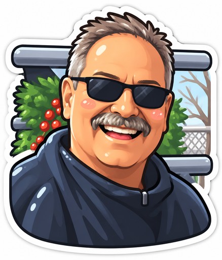 Kawaii illustration of a mustached person in sunglasses and a dark jacket outdoors.