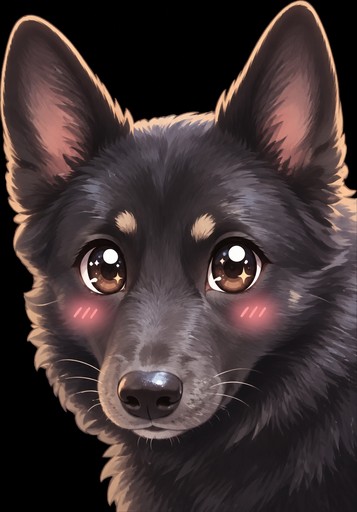 Kawaii black dog portrait with large eyes and pink cheeks, softly shaded style.