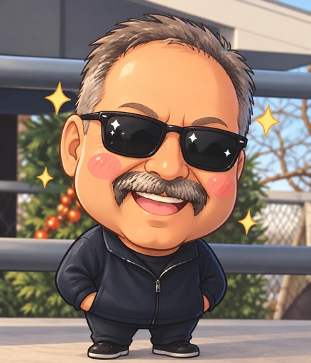 Kawaii illustration of a person in sunglasses standing by a decorated Christmas tree.