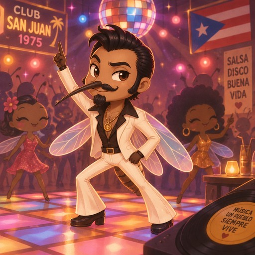 Kawaii illustrated person dancing on a colorful disco floor with salsa dancers and a DJ turntable.