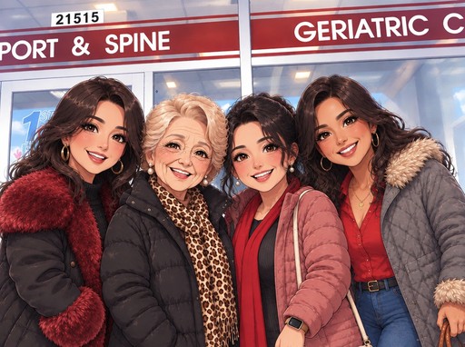 Four women smiling together in colorful coats, illustrated in a cheerful cartoon style.