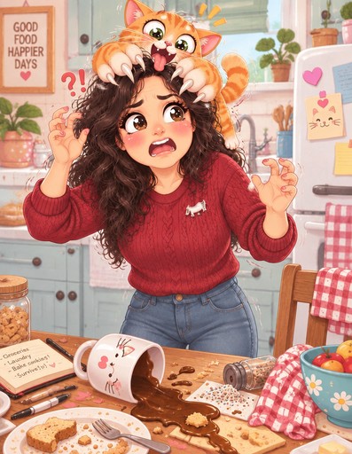 Kawaii illustration of a person baking as a cat sits on their head in a pastel kitchen.