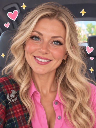 Kawaii-style portrait of a smiling person in a pink shirt and plaid jacket with heart sparkles.