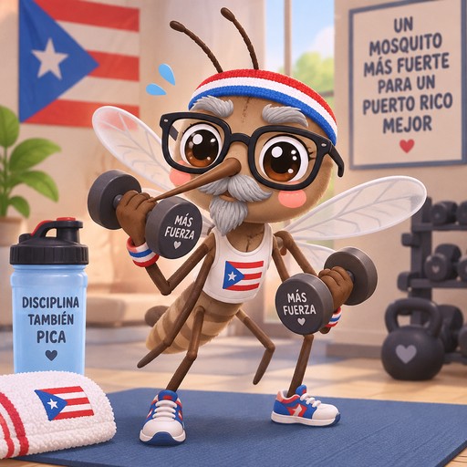 Puerto Rican mosquito with gray mustache and goatee wearing thick eyeglasses and exercising