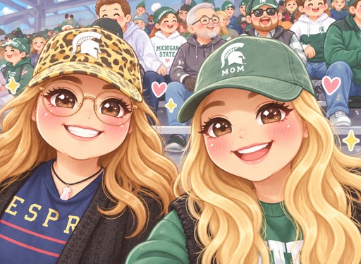 Kawaii illustrated people wearing baseball caps at a colorful stadium game