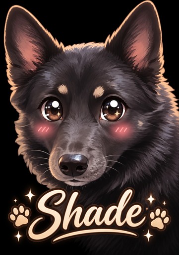 Kawaii-style black dog with rosy cheeks and paw-print lettering on dark background