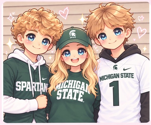 Kawaii illustration of three people in Michigan State hoodies, with pastel hearts and flowers.