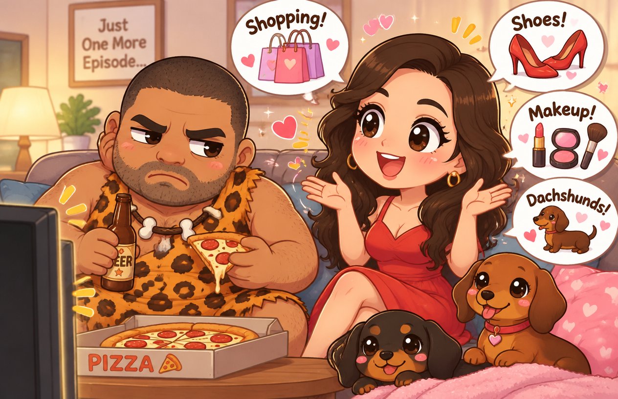 Kawaii cartoon people and dogs enjoying pizza in a colorful room.