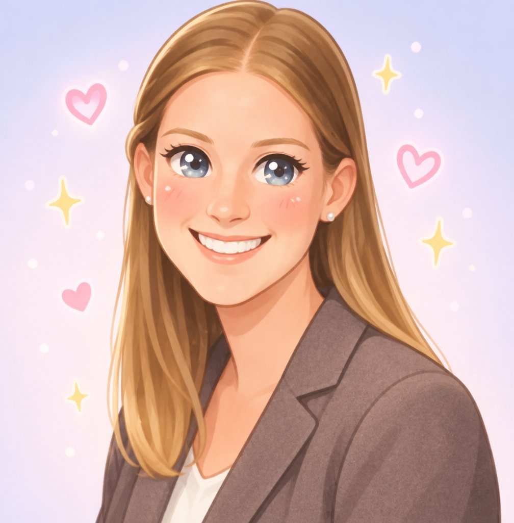 Kawaii portrait of a smiling person with long brown hair against a pastel background.