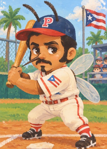 Kawaii baseball player holding a bat on a colorful field, with palm trees and spectators.