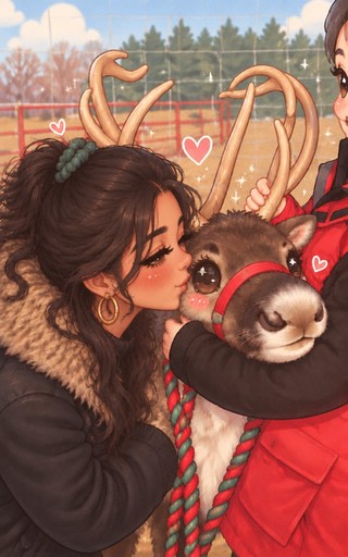 Kawaii-style illustration of a person cuddling a reindeer in snowy woods.