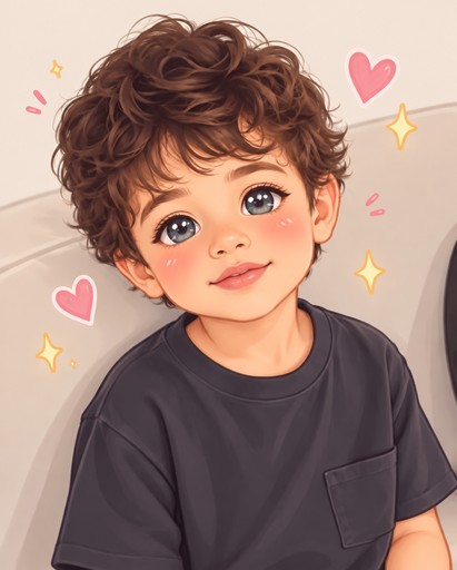 Kawaii illustration of a person with curly brown hair wearing a dark shirt.