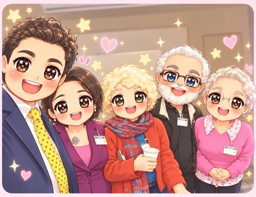Kawaii cartoon group smiling together in colorful outfits with pink hearts and stars.