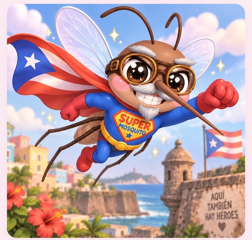 Kawaii flying mosquito superhero in blue, red, and yellow over a colorful seaside town.