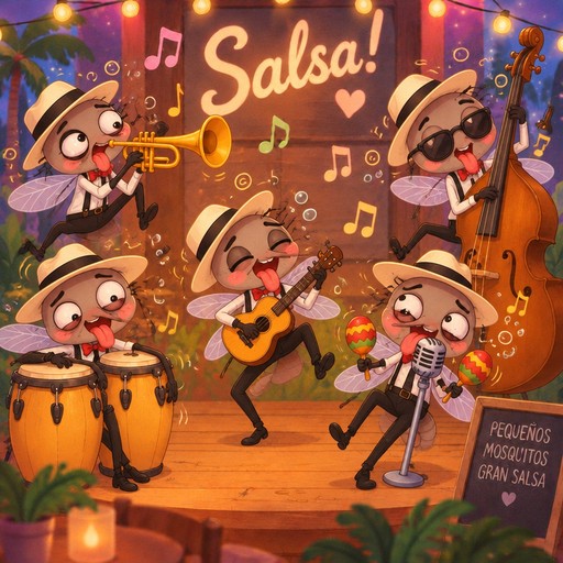 Kawaii cartoon animals playing salsa music with guitars and congas in warm colors.