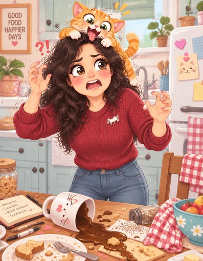 Kawaii illustration of a person surrounded by spilled treats and playful cats in a pastel kitchen.