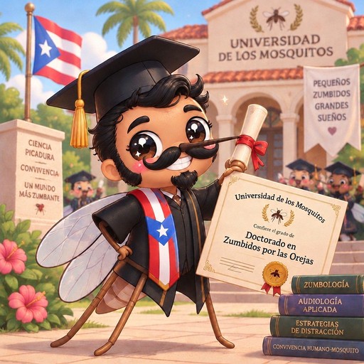 Kawaii illustrated person holding a diploma beside a university sign and Cuban flag.