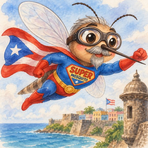 Puerto Rican Male mosquito with gray mustache and goatee, long pointed proboscus, wearing goggles, dressed as superhero named Super Mosquito flying like Superman