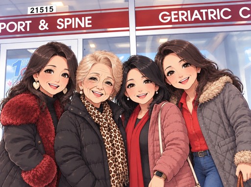 Four people smiling together in colorful kawaii-style illustration beneath a clinic sign