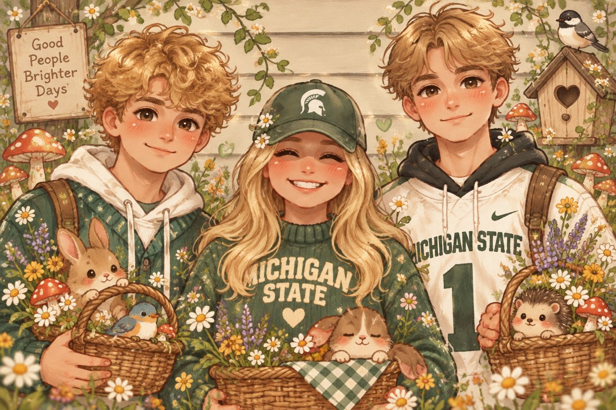 Three people in Michigan State clothing with baskets in a warm-toned floral illustration.