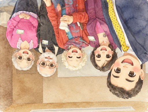 Upside-down watercolor group portrait with people in colorful clothing and a pink backpack
