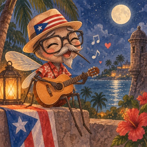 Puerto Rican mosquito with gray mustache and goatee wearing thick eyeglasses, singing romantic music while playing guitar with tropical nighttime scenery