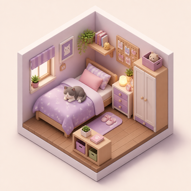 Isometric Mini Room kawaii AI art style example